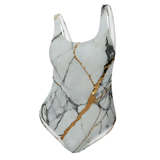 White & Gold Marble One-Piece Swimsuit