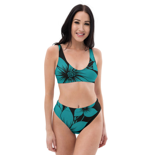 Teal & Black Flower Print Recycled high-waisted bikini