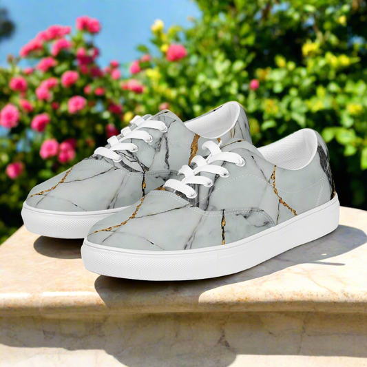 Men’s Whie & Gold Marble lace-up canvas shoes